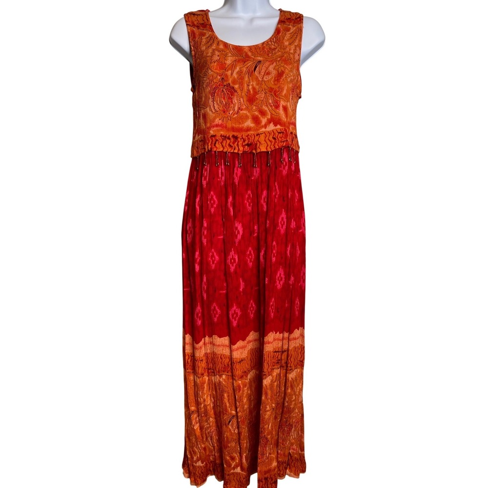 M.P.H. Womens Red Orange Beaded Ikat Maxi Dress Sz S Crinkle Boho Festival Beach